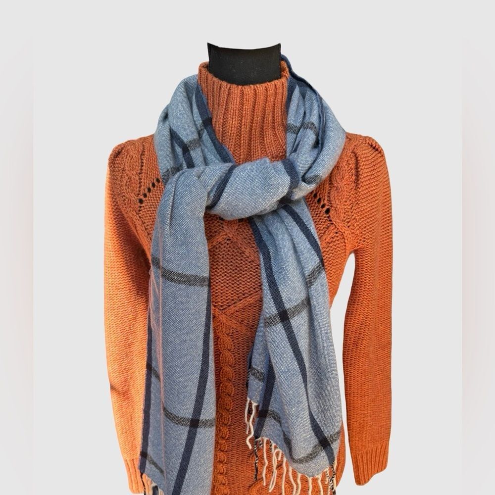 Colombo 100% Cashmere Scarf Blue Gray Windowpane Italy Fringe 72x25”)‎